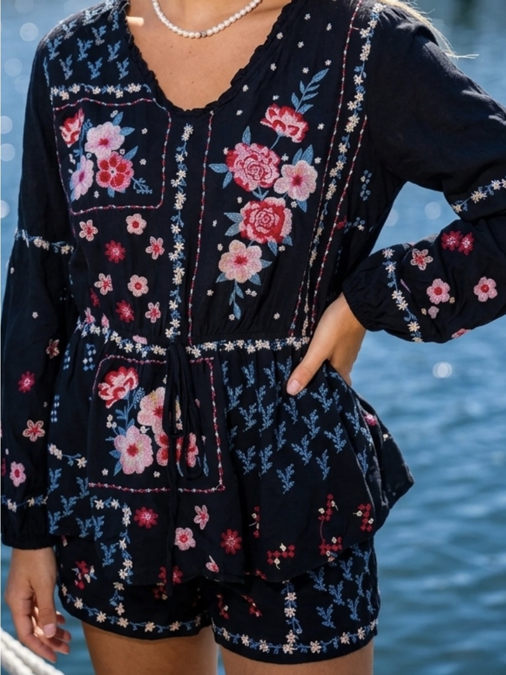 Savanna Jane Navy Floral Embroidered Peasant Top
